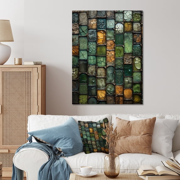 Designart "Green stones Tiles II In Green" Abstract Tile Metal Wall Art Green Modern Office Room Wall Art