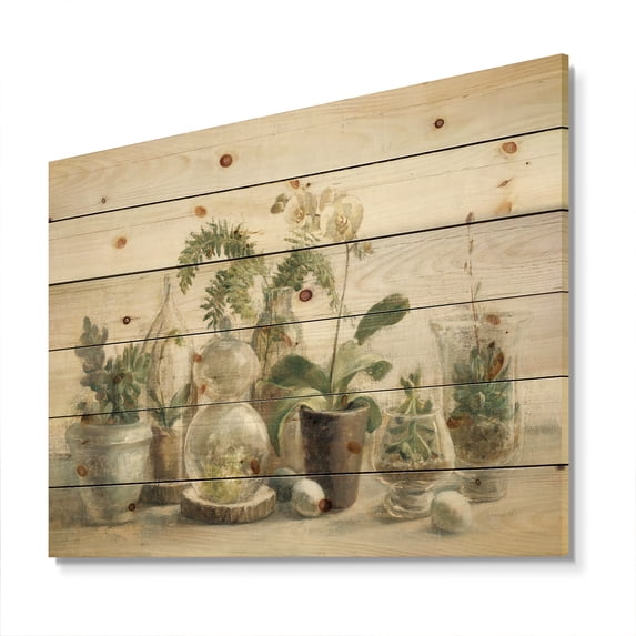 Designart 'Greenhouse Countryside Orchids' Floral Cottage Print on Natural Pine Wood