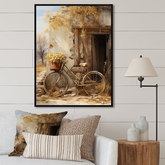Designart "Greenish Hue Antique Ride" Bicycle Floater Framed Wall Art Prints