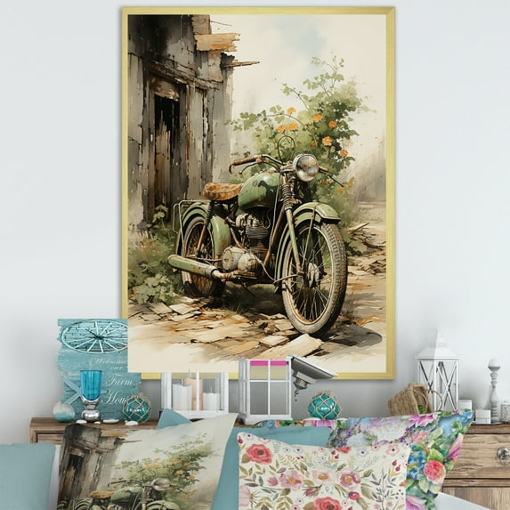 Designart "Greenish Hue Retro Motorcycle" Bicycle Picture Framed Wall Art Living Room