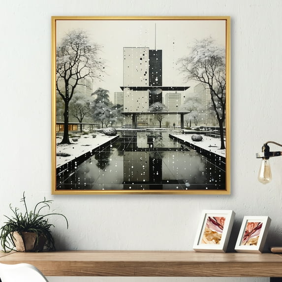 Designart "Grey 0 Mid Century Architectural gracefulness" Mid-century Floater Framed Canvas Art Print