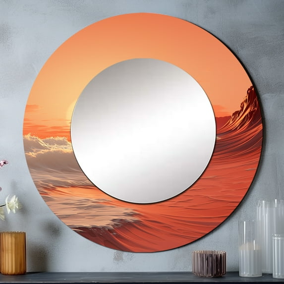 Designart "Grey And Amber Wave Spectacular Display" Beach Rund Mirror For Wall Decor - Large Coral Round Print Mirror - Round Coastal Mirror - Wall Mounted Round Large Mirror - 23" x 23"