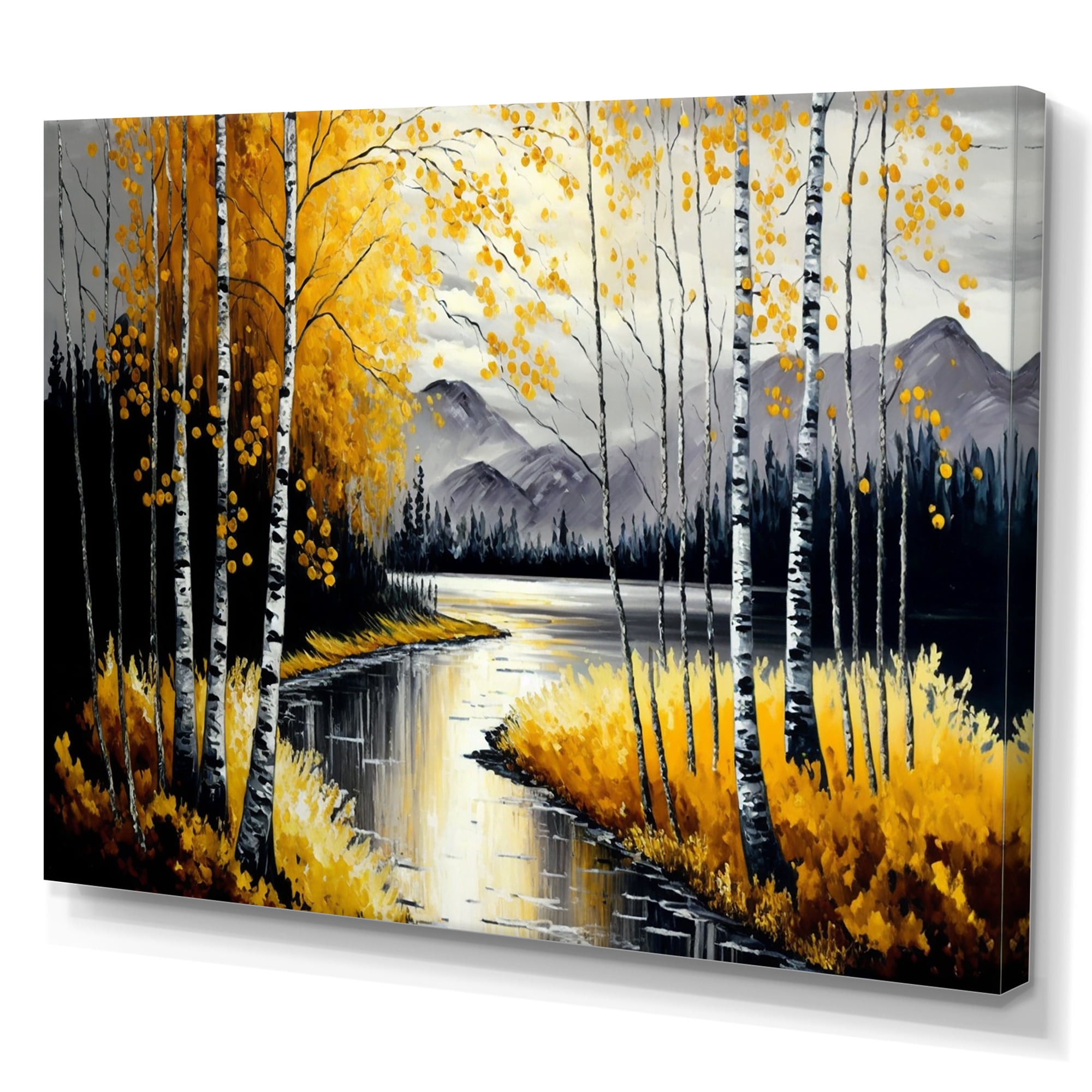 Designart Grey And Yellow Birch Trees By The Lake II Canvas Wall Art