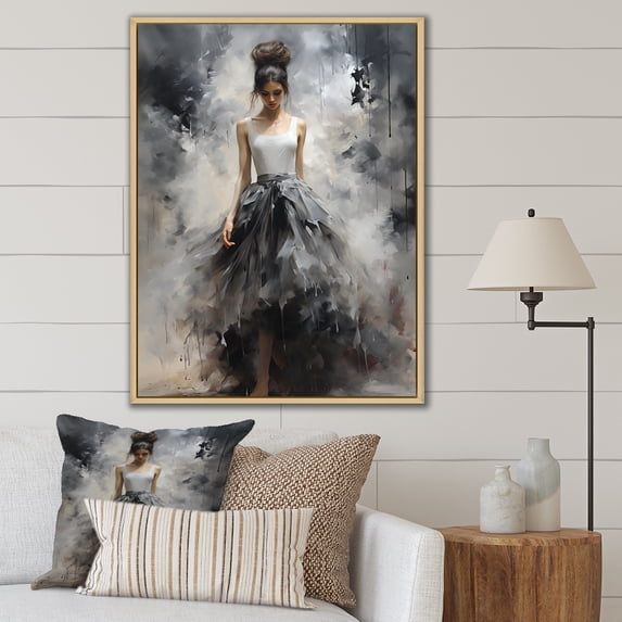 Designart "Grey Avant-Garde Ballet Woman" Fashion Framed Wall Art - Glam Grey Ballet Entryway Framed Wall Art