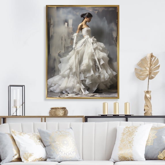 Designart "Grey Ballet Dance Motion I" Fashion Framed Wall Art - Glam White Fashion Entryway Framed Wall Art