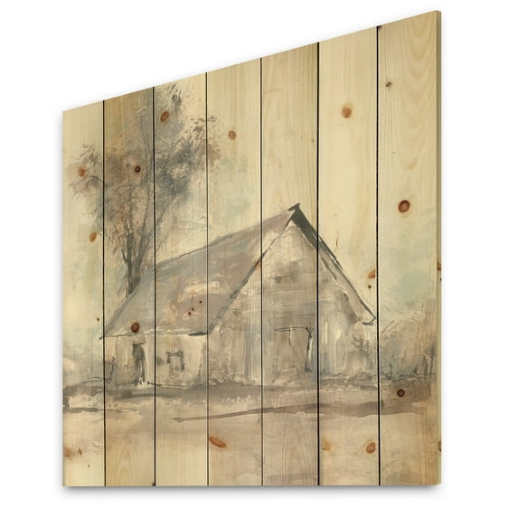 Designart 'Grey Barn Farmhouse III' Modern Farmhouse Print on Natural Pine Wood