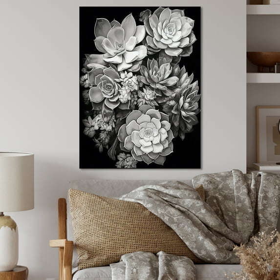 Designart "Grey Black Succulent Resilience Monochrome Charm" Floral Metal Art Print
