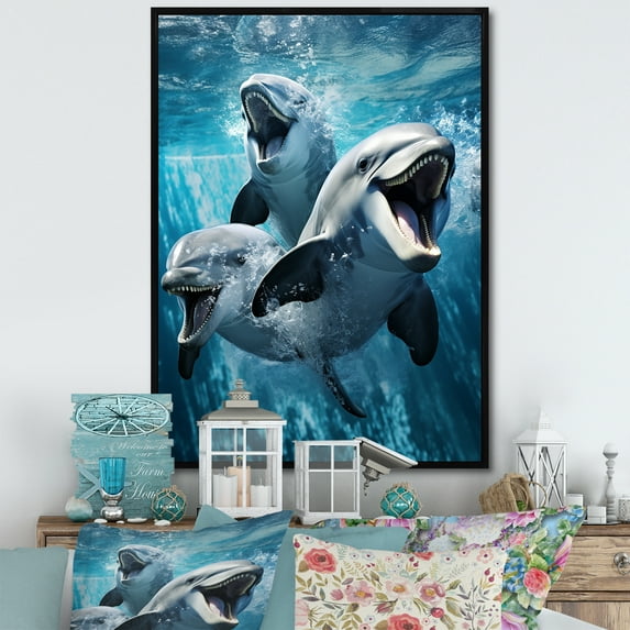 Designart "Grey Blue Dolphin Oceanic gracefulness II" Animals Floater Framed Canvas Wall Art