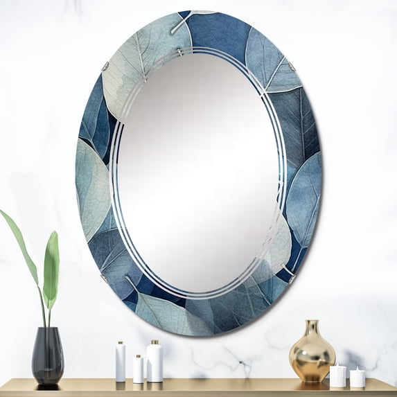 Designart "Grey Blue Leafs Harmony Cool Tones" Floral Round Wall Mirror - Traditional Oval Printed Decorative Oversized Mirror - Multiple Color Options