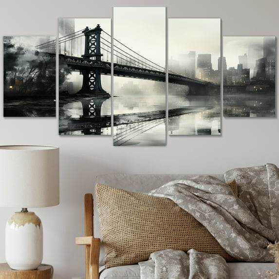 Designart "Grey Bridge City Connection Charcoal I" Architecture Metal Wall Décor Set