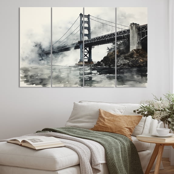 Designart "Grey Bridge City Suspension IV" Architecture Metal Art Print Set