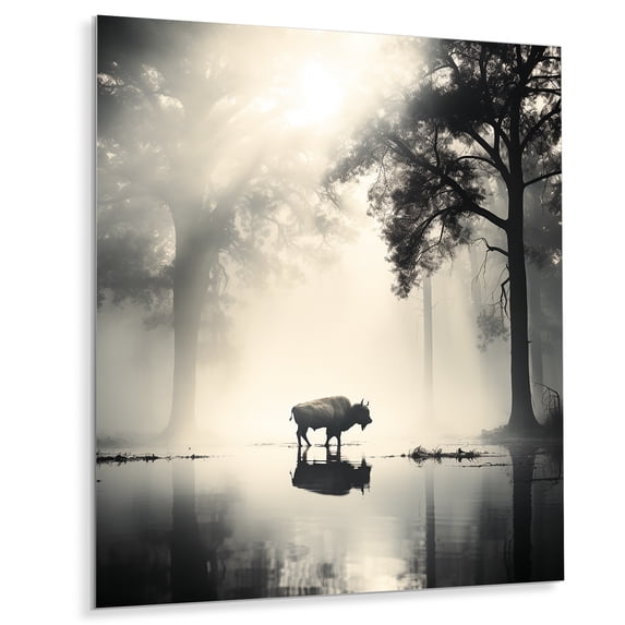 Designart "Grey Buffalo delicate Grazing" Animals Bison Metal Wall Art Prints