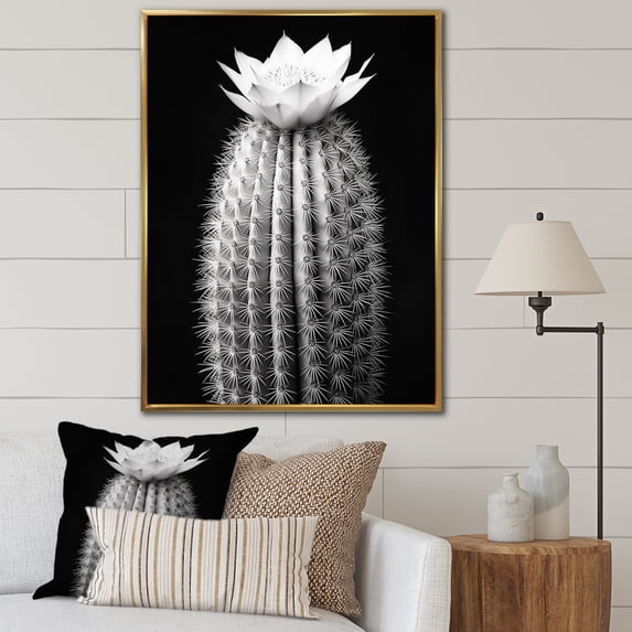 Designart "Grey Cactus gracefulness In Monochrome I" Floral & Botanical Floater Framed Canvas Print