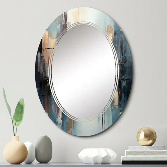 Designart "Grey Canal modern Reflections Bold" Abstract Round Wall Mirror - Architecture Oval Printed Decorative Oversized Mirror - Multiple Color Options