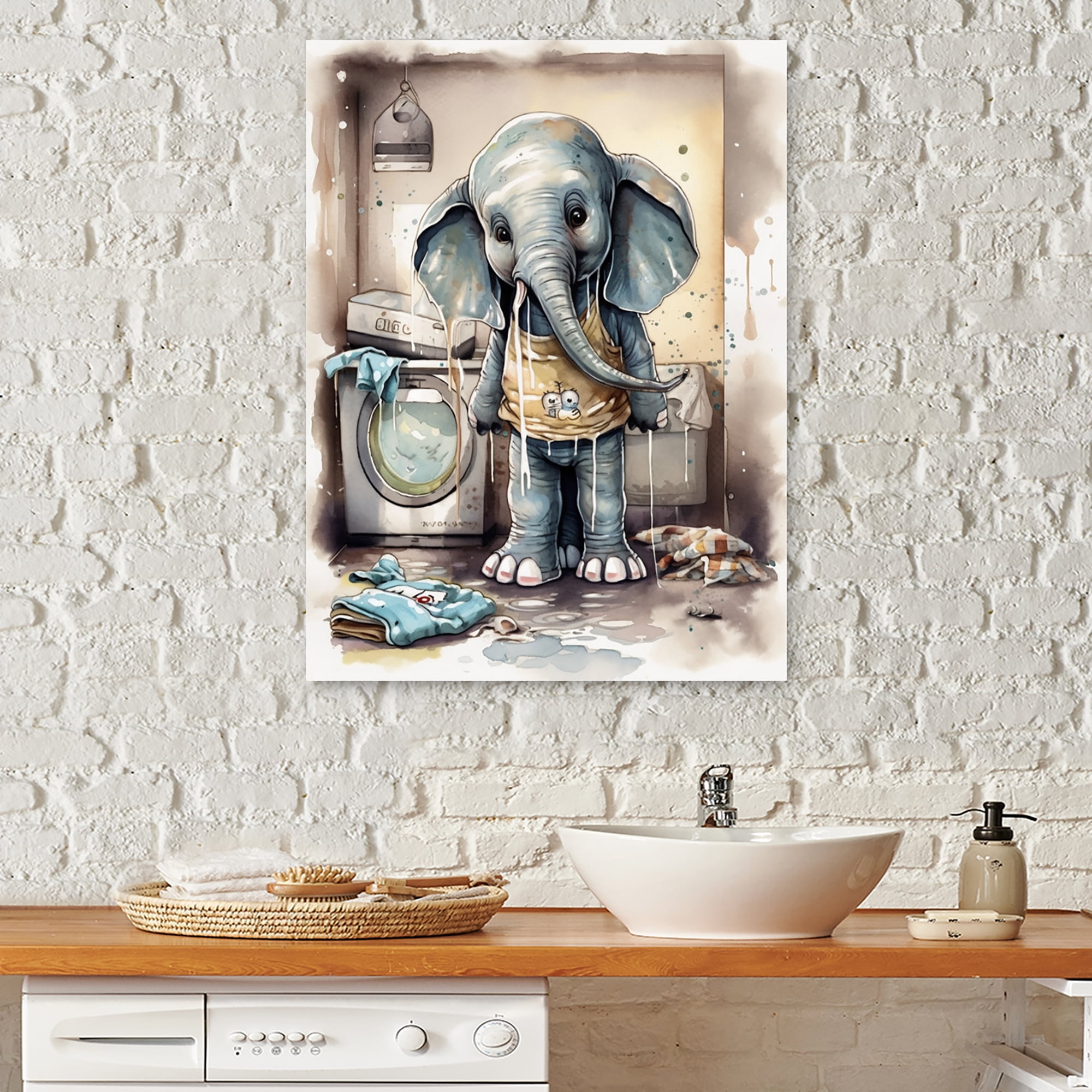 Designart "Grey Elephant In Laundry Room III" Animals Elephant Laundry ...