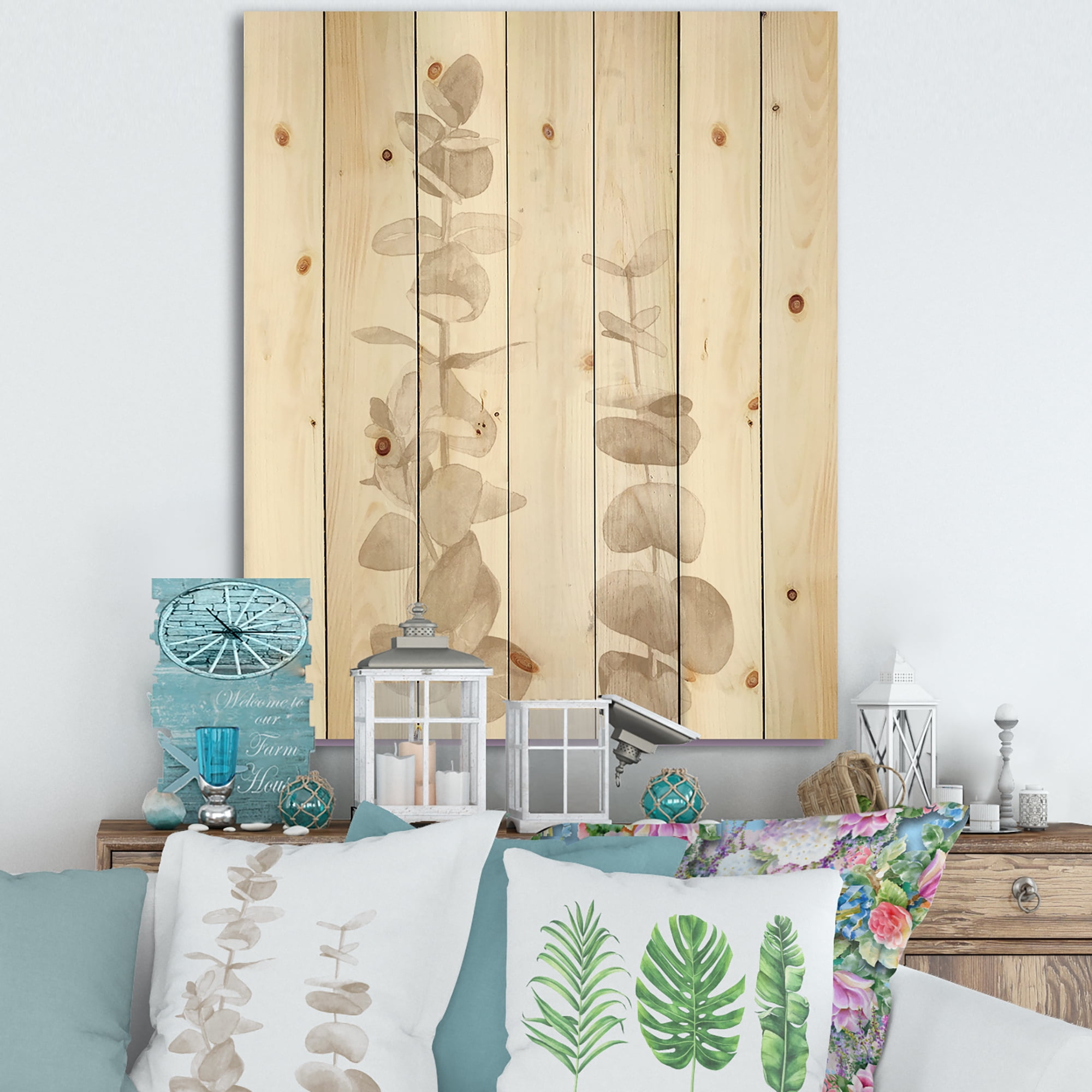 Designart 'Grey Eucalyptus Branches On White' Traditional Print on Natural Pine Wood