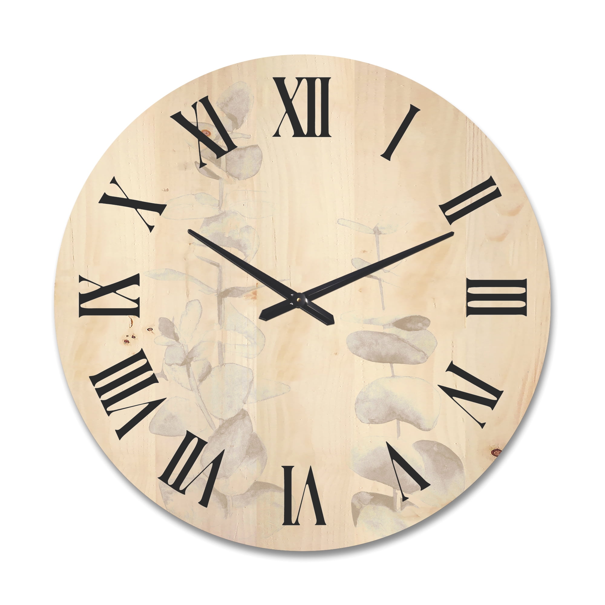 Designart 'Grey Eucalyptus Branches On White' Traditional Wood Wall Clock