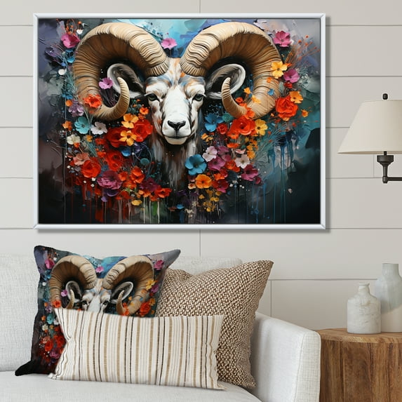 Designart "Grey Floral Portrait of Goat in Colorful Style I" Animals Framed Wall Art - Modern Farmhouse Red Goat Hallway Framed Wall Art Decor