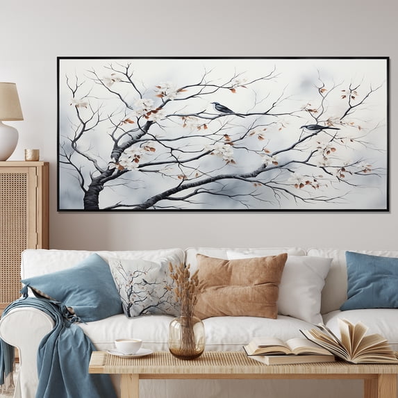 Designart "Grey Floral Springtime Songbirds' Haven III" Extra Large Landscapes Framed Wall Art - Country Grey Tree Entryway Framed Wall Art