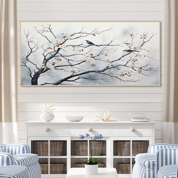 Designart "Grey Floral Springtime Songbirds' Haven III" Extra Large Landscapes Framed Wall Art - Country Grey Tree Entryway Framed Wall Art