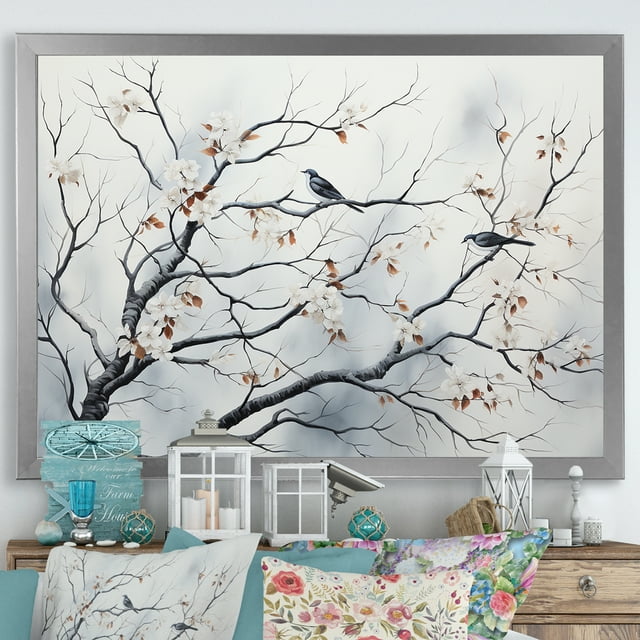 Designart "Grey Floral Springtime Songbirds' Haven III" Landscapes Framed Wall Art Decor - Country Grey Tree Entryway Framed Wall Art Print