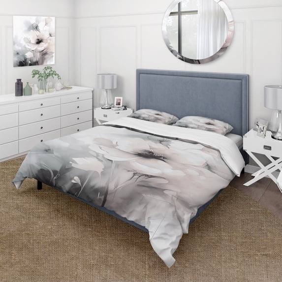 Designart "Grey Flowers Soft Light I" Floral Bedding Covert Set - Traditional White Bed Set With 2 Shams