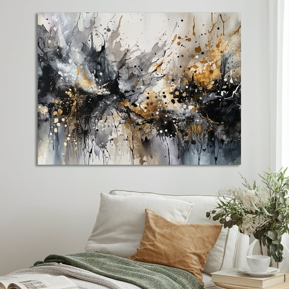 Designart "Grey Gold Delicate Abstract Brushstrokes III" Abstract Marble Canvas Print