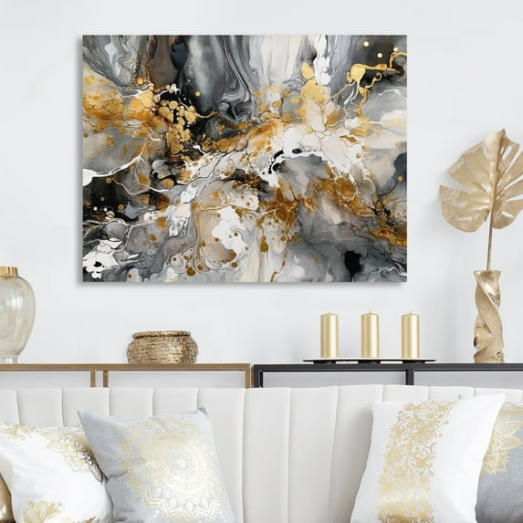 Designart "Grey Gold Delicate Abstract Brushstrokes IV" Abstract Marble Wall Decor