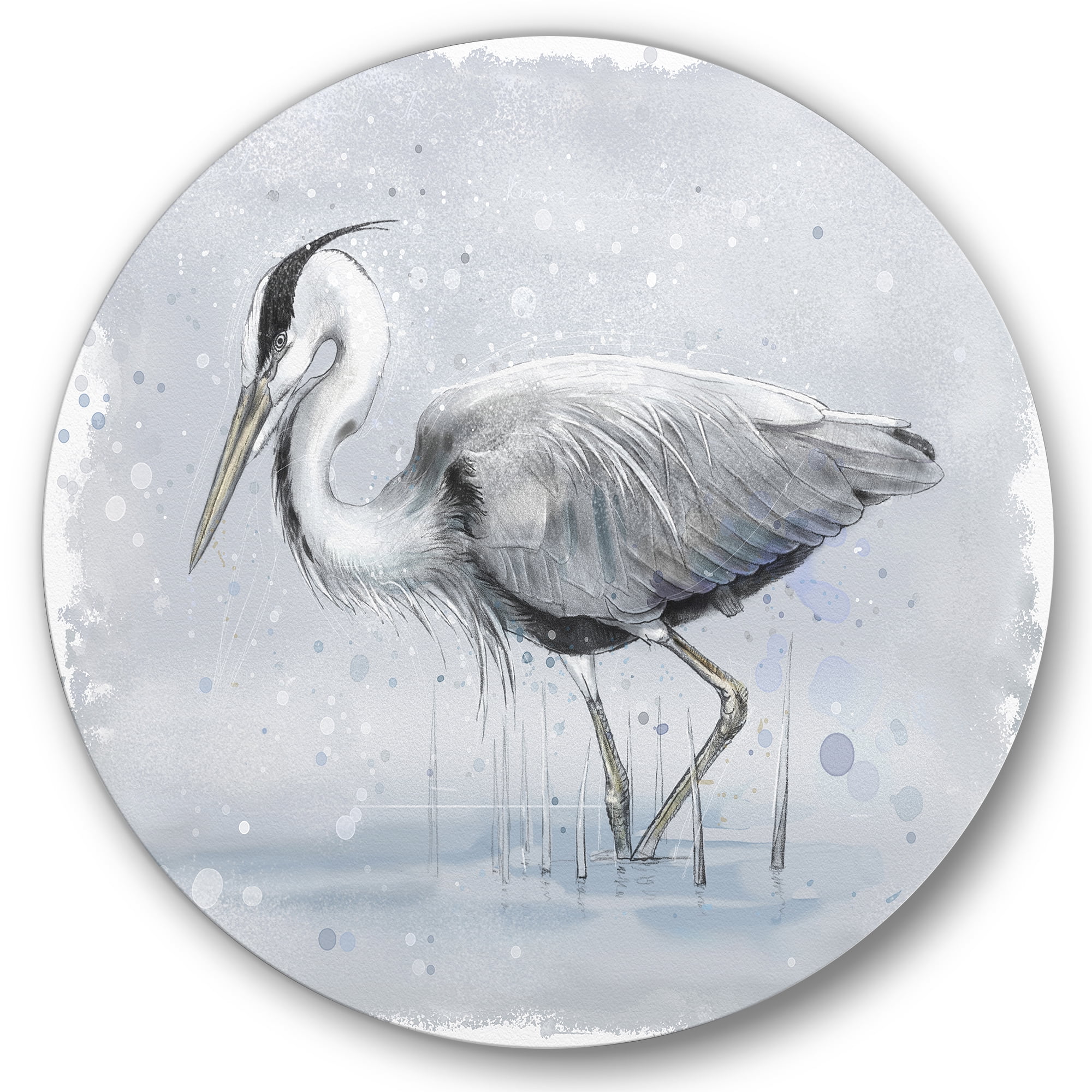 Designart 'Grey Heron Bird In Lake' Farmhouse Circle Metal Wall Art 11x11 - Disc of 11