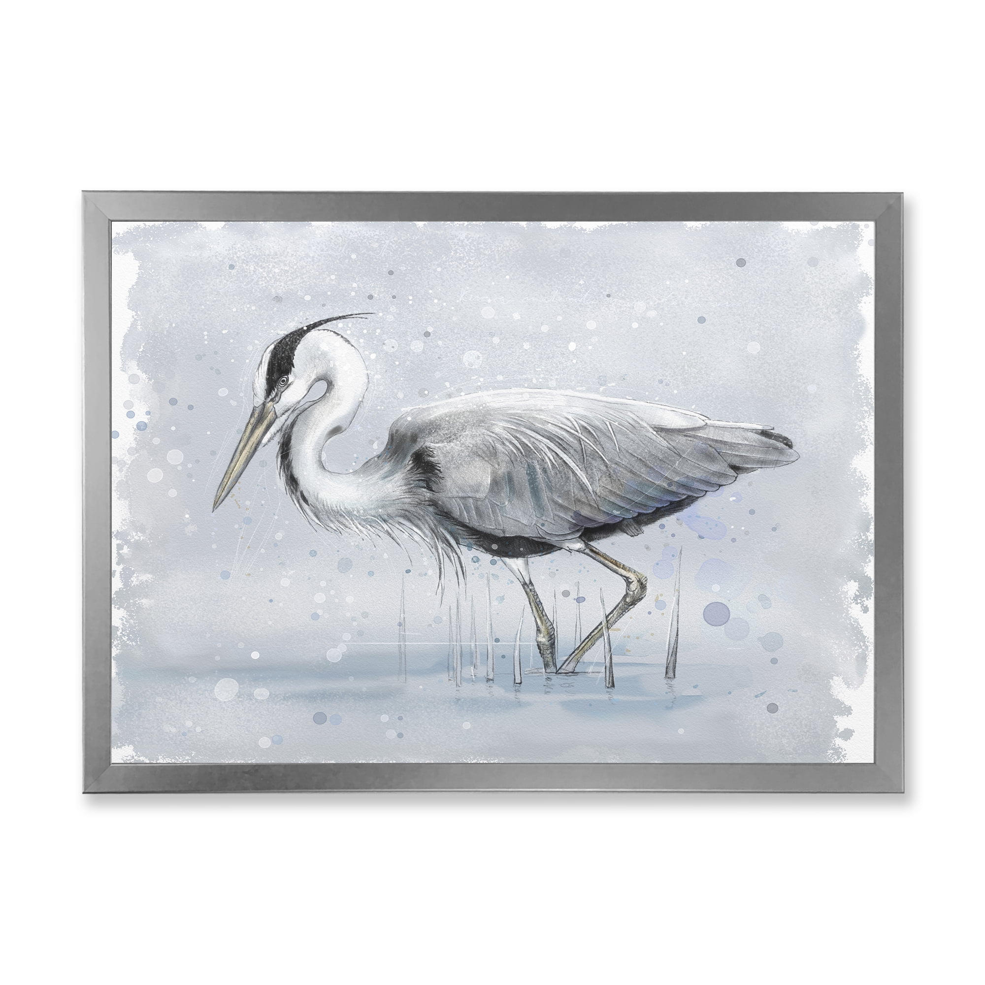 Designart 'Grey Heron Bird In Lake' Farmhouse Framed Art Print