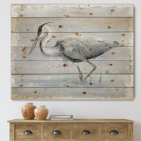 Designart 'Grey Heron Bird In Lake' Farmhouse Print on Natural Pine Wood