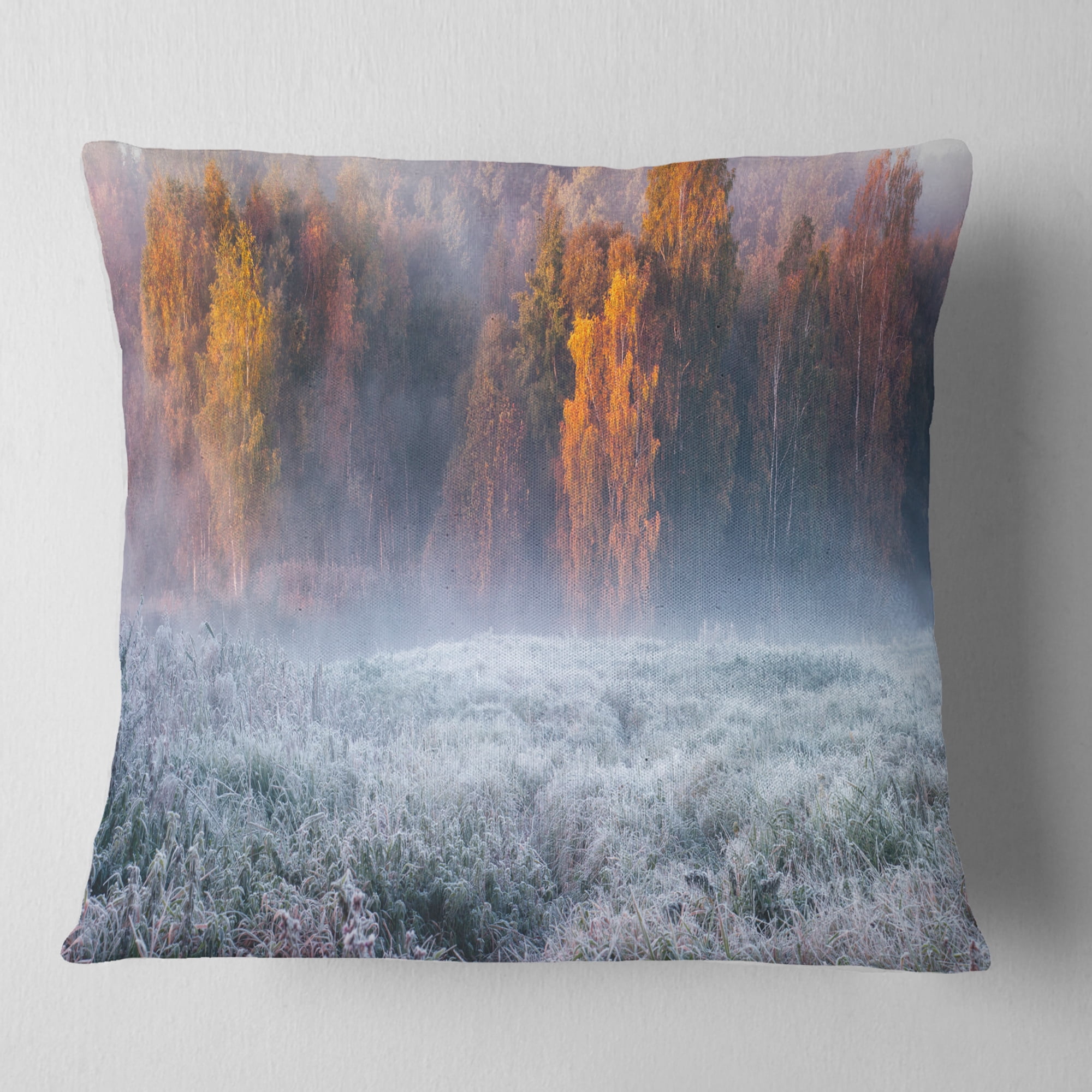 Designart Grey Hoarfrost Design by Winter - Landscape Printed Throw Pillow - 16x16