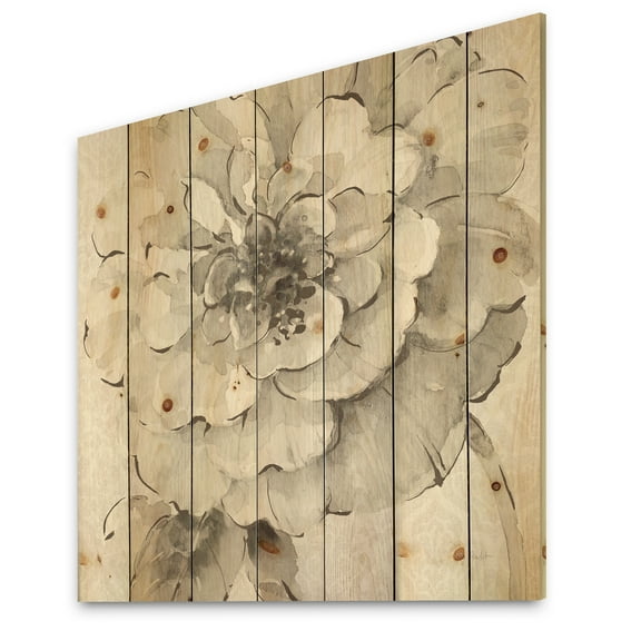 Designart 'Grey Indigold Peonies I' Farmhouse Print on Natural Pine Wood