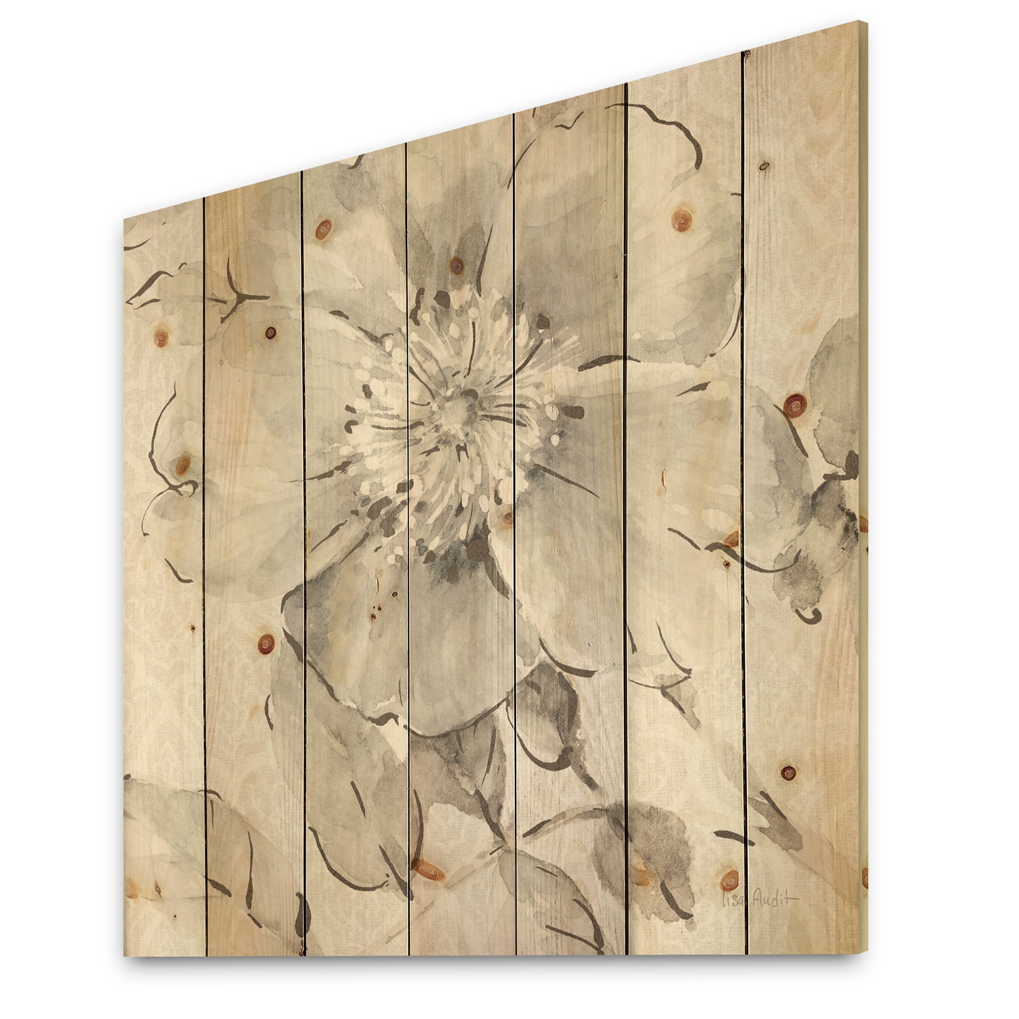 Designart 'Grey Indigold Peonies II' Farmhouse Print on Natural Pine Wood