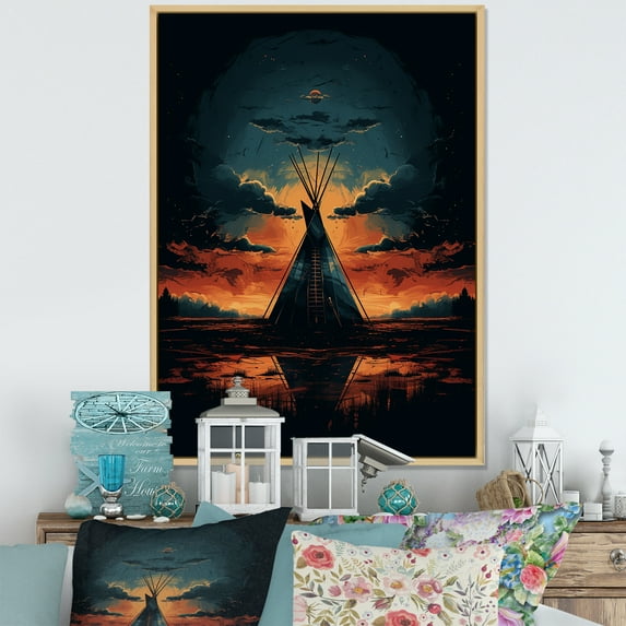 Designart "Grey Journey Of The Tribes Native Tipi " Cityscapes Floater Framed Wall Art Living Room