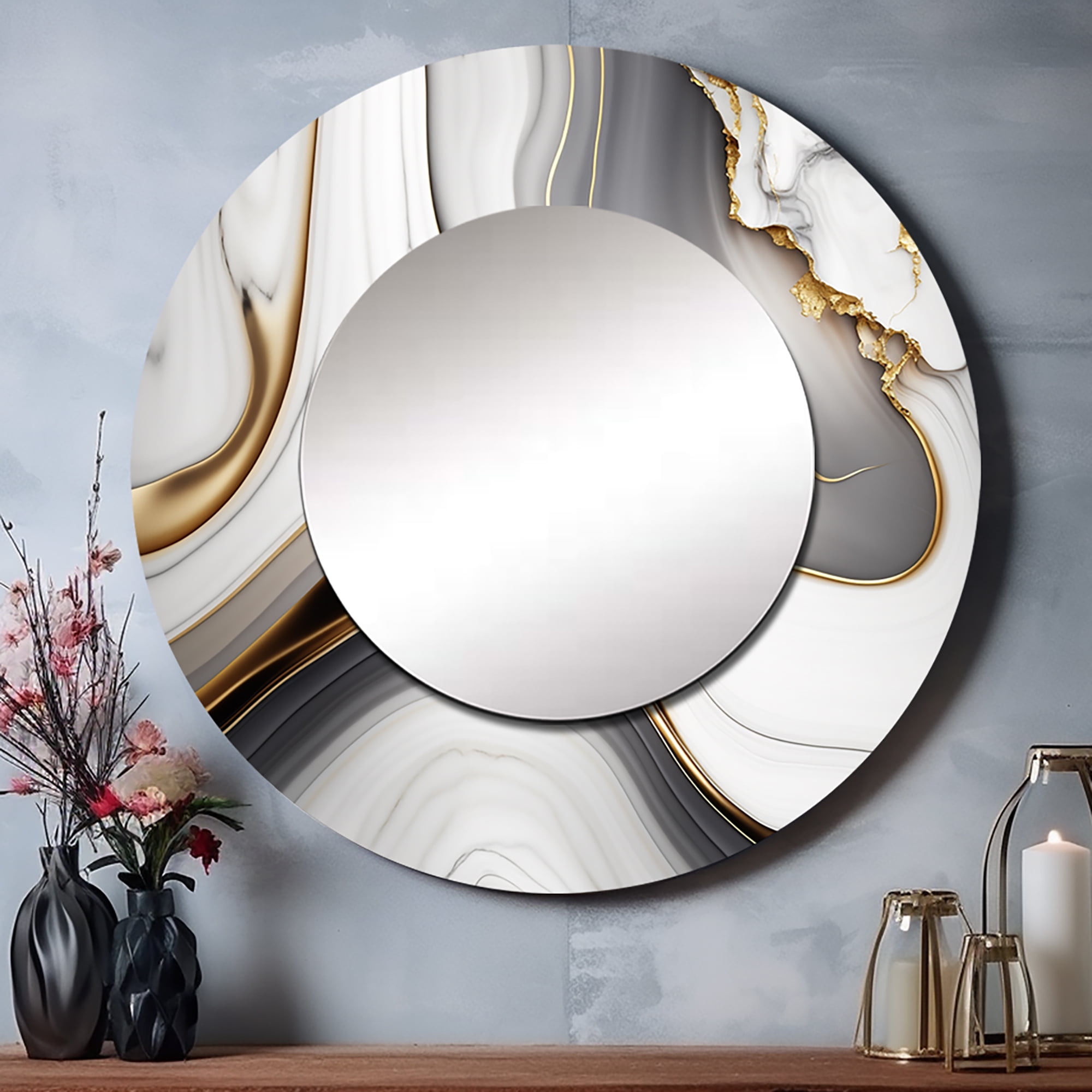 Designart "Grey Marble Waves in Geode I" Abstract Round Mirror Wall