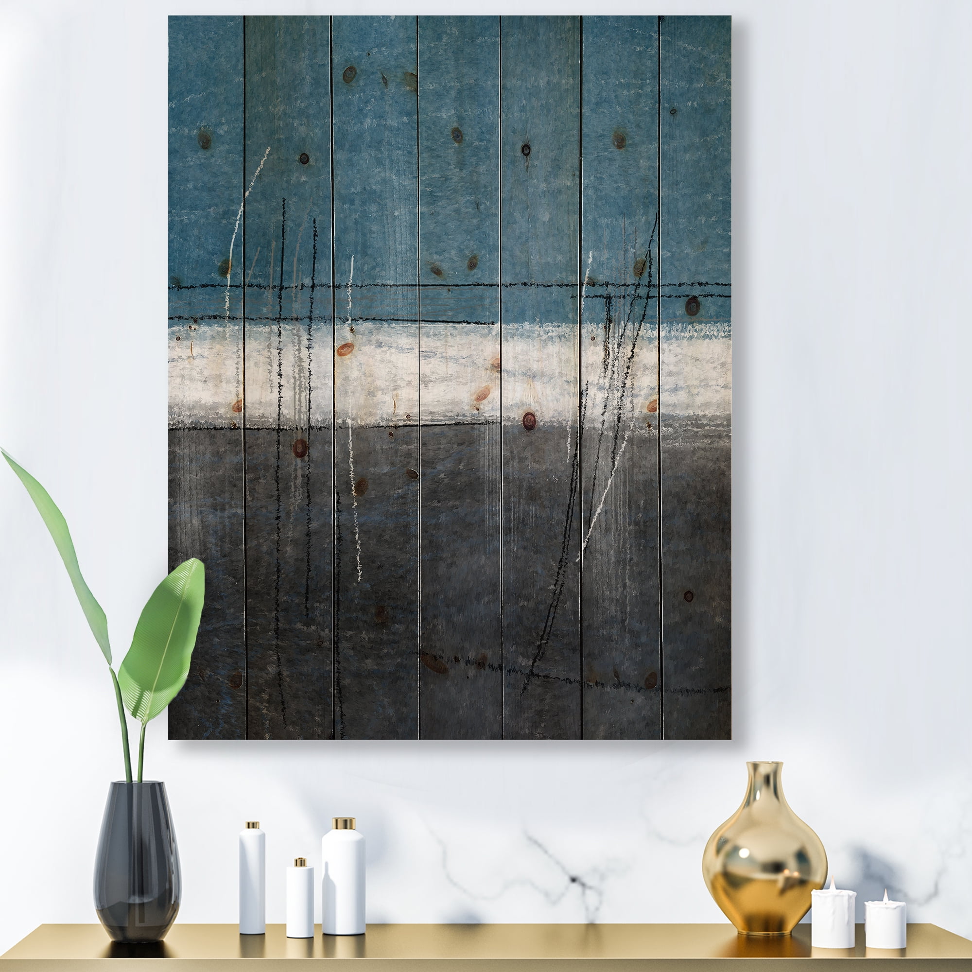 Designart 'Grey Meet Teal Abstract Art' Modern Print on Natural Pine Wood