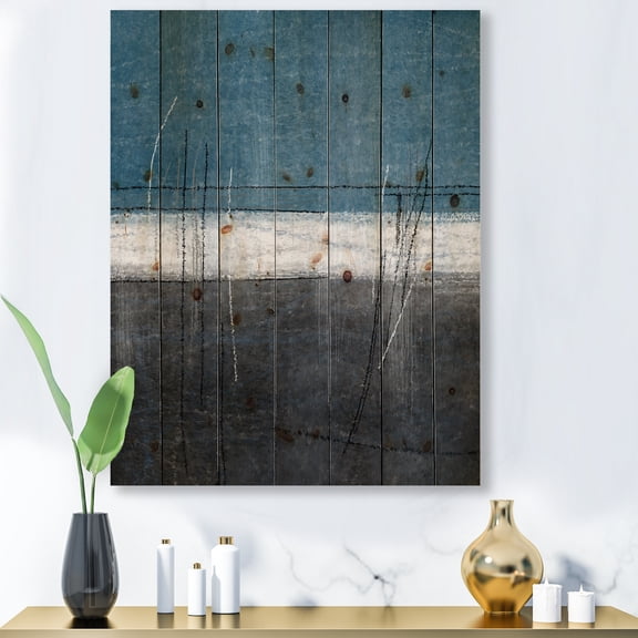 Designart 'Grey Meet Teal Abstract Art' Modern Print on Natural Pine Wood