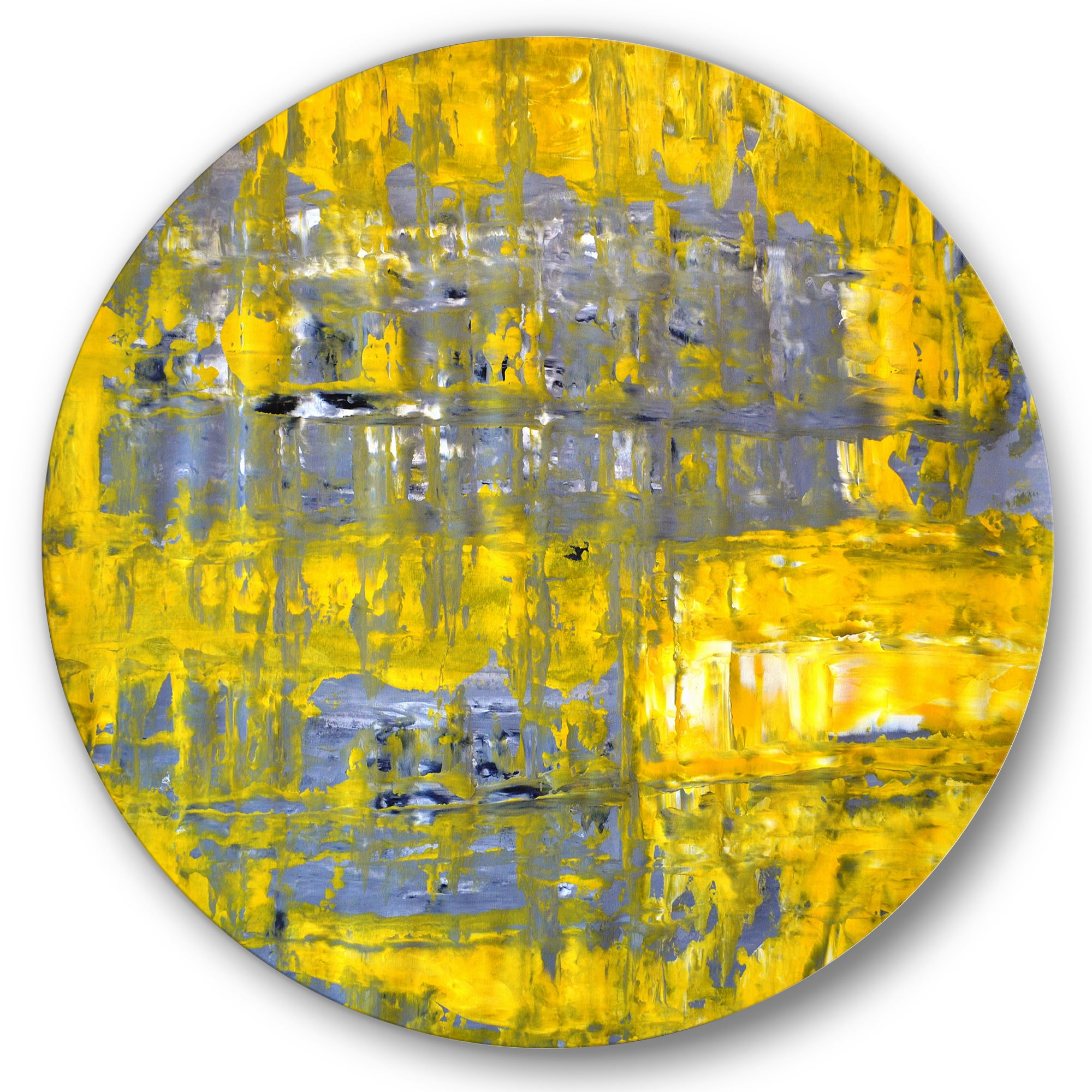 Designart 'Grey Meets Yellow Abstract Art I' Modern Circle Metal Wall Art 29x29 - Disc of 29