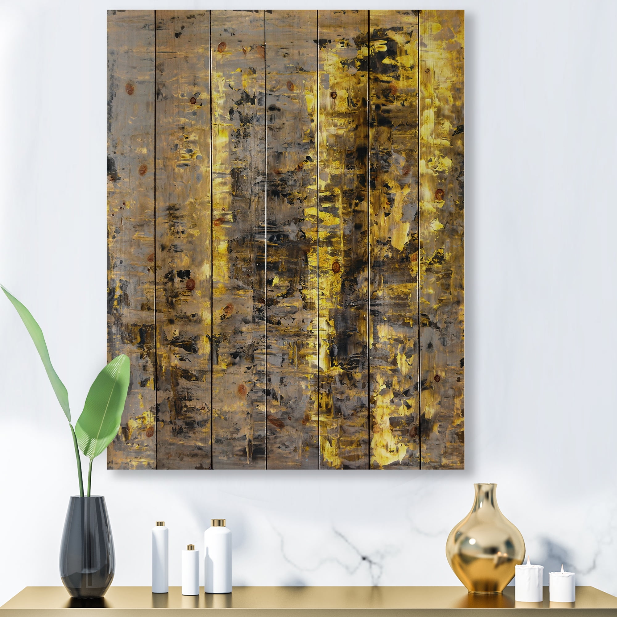 Designart 'Grey Meets Yellow Abstract Art II' Modern Print on Natural Pine Wood