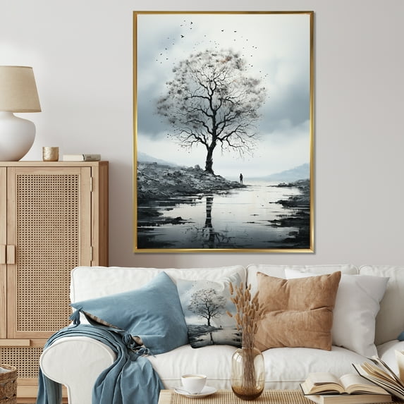 Designart "Grey Minimalism Tree silence II" Minimalism Floater Framed Wall Art Living Room