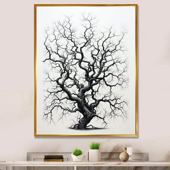 Designart "Grey Monochromatic Tree Charm I" Floral & Botanical Floater Framed Wall Art Living Room