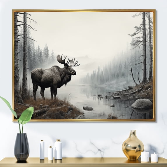 Designart "Grey Moose Calm Tones" Animals Floater Framed Wall Decor