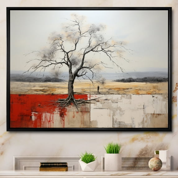 Designart "Grey Red Minimalism Tree silence I" Modern Floater Framed Wall Art Living Room