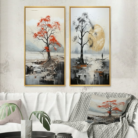 Designart "Grey Red Minimalism Tree silence II" Minimalism Framed Wall Art Set Of 2 - Grey Abstract Gallery Wall Frame Set For Home Decor