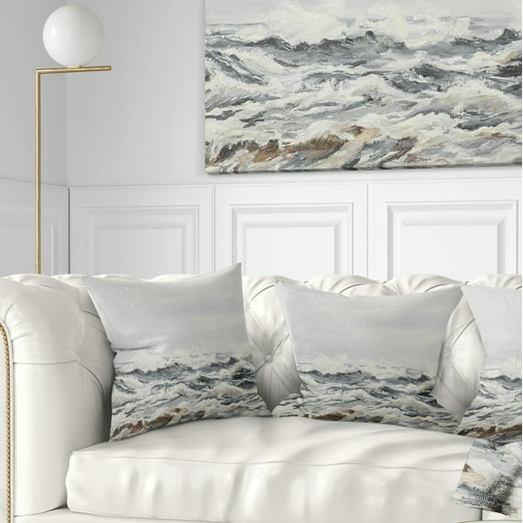 Designart Grey Sea Waves - Seascape Throw Pillow - 16x16