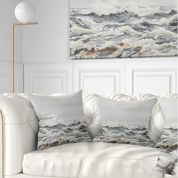 Designart Grey Sea Waves - Seascape Throw Pillow - 18x18