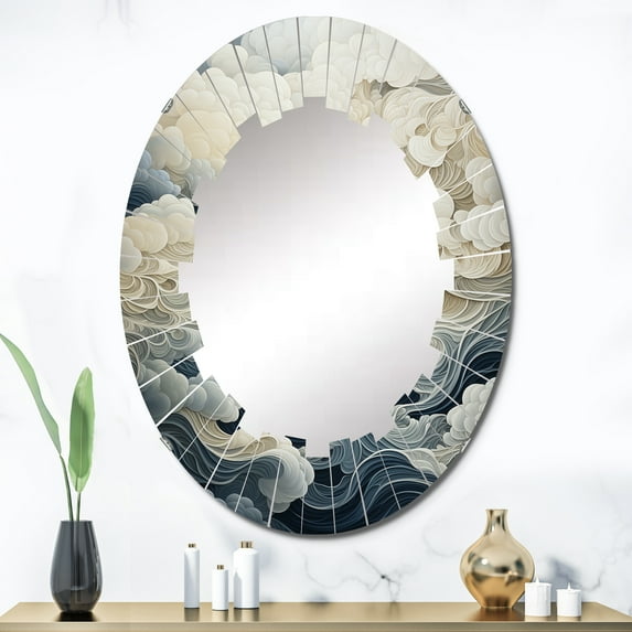 Designart "Grey Skies with Clouds I" Clouds Round Wall Mirror - Landscapes Oval Printed Decorative Oversized Mirror - Multiple Color Options
