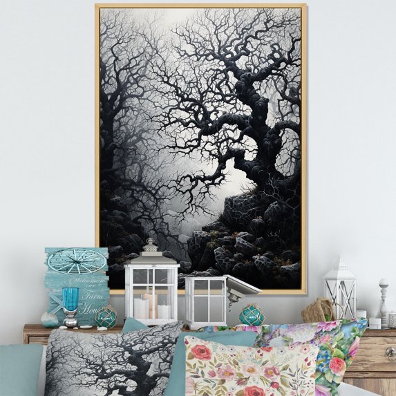 Designart "Grey Tree Eternal Forms II" Landscape Trees Floater Framed Wall Decor