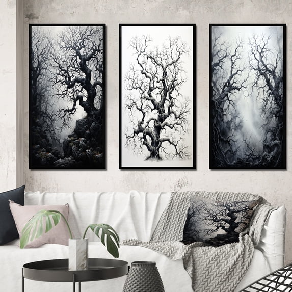 Designart "Grey Tree Eternal Forms II" Landscape Trees Framed Wall Art Set Of 3 - Grey Trees Frame Canvas Set For Living Room Decor
